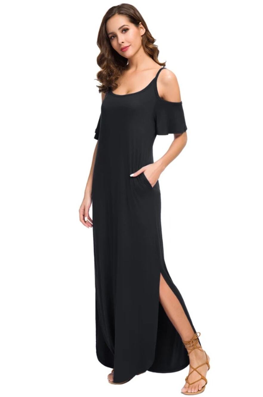 GRECERELLE Women’s XL Black Cold Shoulder Maxi Dress Flutter Sleeve Stretch